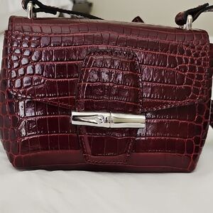 Longchamp Le Roseau Croco Croc Embossed Burgundy Crossbody Small